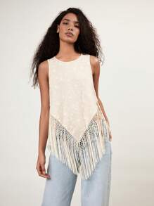 Maija 米色圆领无袖宽松流苏下摆波西米亚风度假风女式上衣，适合海滩、假日、秋冬季、万圣节、秋季派对等场合。 - 米色 - 查看 3