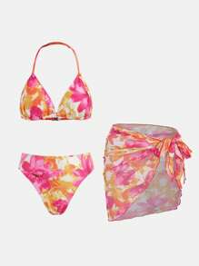 SHEIN Teen Girl 3-Piece Set: Orange Floral Print Swimwear Top, Bottoms, & Tied Skirt For Spring