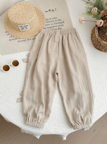 SHEIN LMoss Kids 年轻女孩宽松纯色抽绳九分裤 - 杏色 - 查看 7