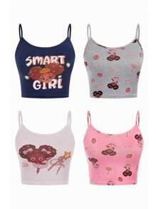 4pcs/Set Tween Girls Underwear,Cute Cami Top With Fairy Wand Design,Soft Breathable Fabric,White,Winter,Cute - Multicolor - View 3