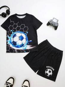 SHEIN Leap Crew Tween Boy Casual Football Graphic Print Round Neck Short Sleeve T-Shirt And Shorts 2 Pieces Loungewear Set - Black and White - View 3