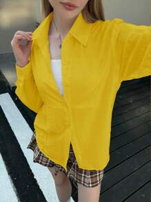INAWLY Women's Casual Solid Color Long Sleeve Shirt - Mustard Yellow - View 5
