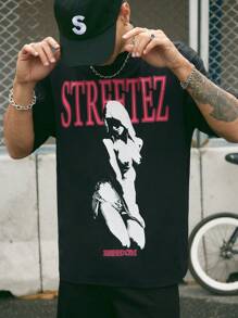 Manfinity NXTstreet Camiseta de manga corta informal para hombres con estampado de figura y letra, para primavera/verano - Negro - Ver 1