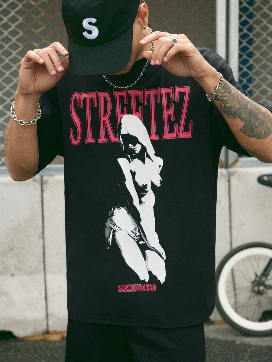 Manfinity NXTstreet Camiseta de manga corta informal para hombres con estampado de figura y letra, para primavera/verano - Negro - Ver 1