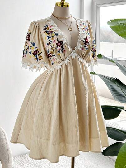 Ceyna Vestido casual elegante con cuello en V, borde con volantes y bordados, talla grande