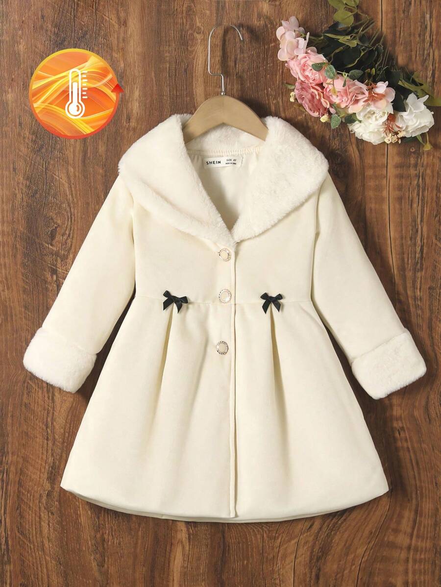 SHEIN Vintaside Kids 年轻女孩都市优雅毛绒面料 + 毛茸茸的衬里大领大衣,配有金属纽扣装饰和腰部蝴蝶结装饰,厚实保暖中长款,适合秋冬季 - 米色 - 查看 1