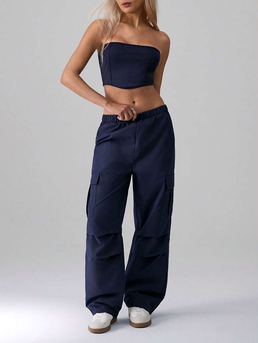 TRNVIE 2pcs Women Solid Color Cropped Tank Top & Camo Cargo Pants Co-Ord Set - Navy Blue - View 1