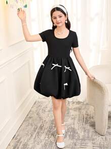 Tween Girls Fitted Casual Contrast Color Bow Decor Short Sleeve Flare Dress - Black and White - View 9