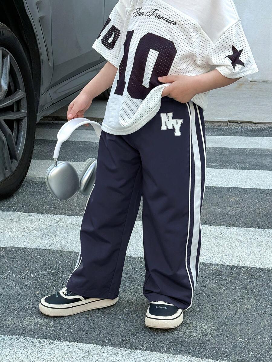 SHEIN Leap Crew 1pc Kids Casual Sports Embroidered Patchwork Drawstring Loose Straight Solid Color Pants, Suitable For Commuting, School, Daily Casual, Vacation, Sports, Spring, Summer, Autumn, Winter - Navy Blue - View 1