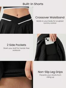 GLOWMODE FeatherFit™-Air 吸汗速干交叉对比条纹腰裙，内置短裤侧袋防滑握把低冲击日常休闲装 - 黑與白 - 查看 3