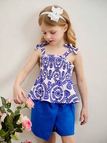 SHEIN 2pcs/Set Young Girl Ditsy Floral Camisole Top & Woven Shorts Set - Blue - View 6