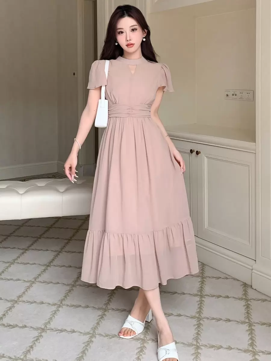 Vestido elegante y minimalista de unicolor con mangas abullonadas, vestido de cóctel de verano, vestido casual para mujer - Rosa Pálido - Ver 1