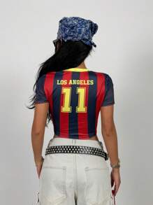 SHEIN Tween Girls Spring/Summer Sport Letter Striped Print Cropped Slim Fit Football T-Shirt