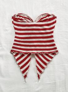 Soleia 全新不对称下摆防滑条纹扭纹设计女式上衣 - 紅白色 - 查看 2