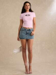 Enchnt Camiseta ajustada de mujer con cuello redondo y manga corta con estampado de letras