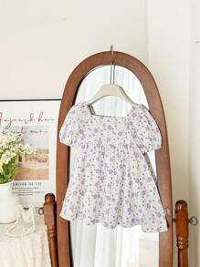 SHEIN Babygirl Cute Floral Pattern Bow Decor Summer Dress