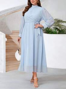 SHEIN Frenchy Plus Size Women's Long Sleeve Elegant Dress,Sky Blue Stand Collar Side Knot Pastel Spring Autumn Solid Color Wedding Bridal Dress - Blue - View 3