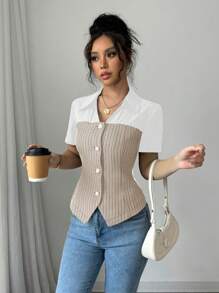 Chiquease Women's Elegant Tweed Patchwork Shirt, Pearl & Silver Button Decor Business Commuting Blouse - Apricot - View 6