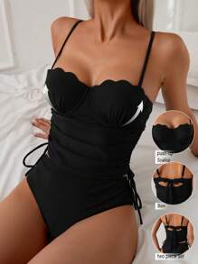 Swim Lushoire Women Summer Shell Decor Twist Back Drawstring Top And High Waist Bikini Bottom 2 Pieces Beachwear Outfit