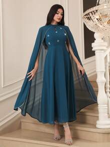 Modelyn Women's Elegant Party Rhinestone Decorated Cape Long Dress - Blue - View 6
