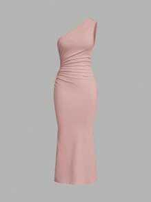 SHEIN EZwear 女式纯色无袖不对称领口褶皱超长鱼尾连衣裙 - 藕粉色 - 查看 1