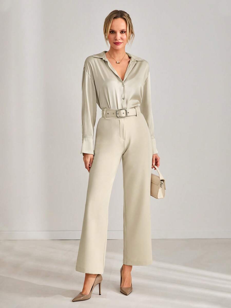 SHEIN Cottnline Calças femininas casuais de cor sólida e perna reta - Caqui - Ver 1