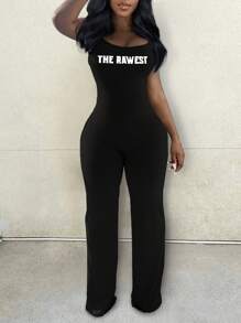 SHEIN Damen Jumpsuit in Unifarbe mit schlanker Passform und ärmelloser Silhouette, einfach und modisch für den Sommer - Schwarz - Übersicht 4