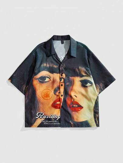 Street Life Men's Figure Button Front Short Sleeve Graphic Print Casual Shirt