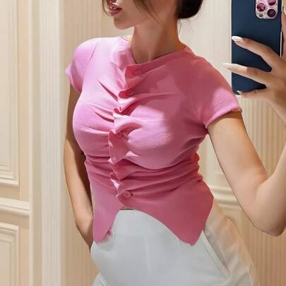 여성용 솔리드 컬러 반팔 플리츠 슬림 핏 캐주얼 탑