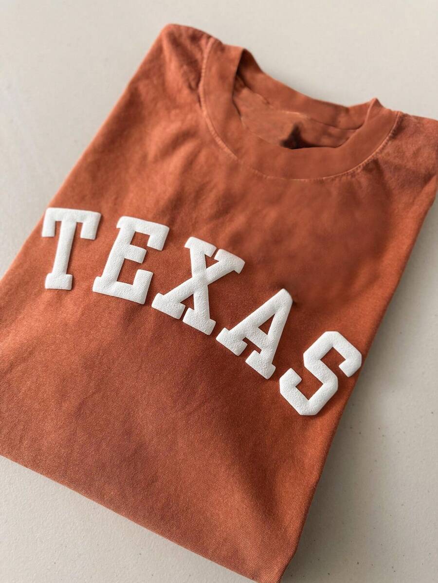 SHEIN Unisex TEXAS Printed Short Sleeve Raglan Tee, Women Round Neck Colorful Graphic T-Shirt - Rust Brown - View 1