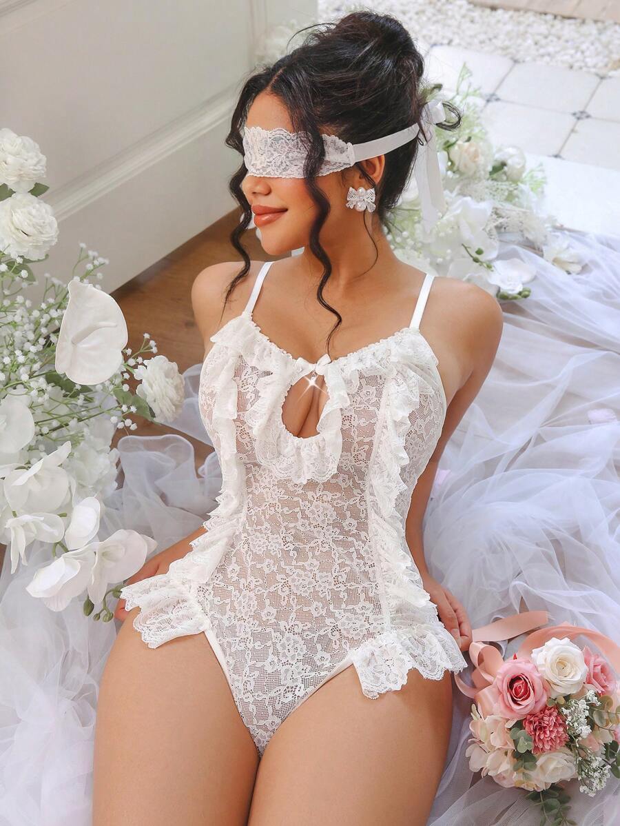 2pcs/Set Wedding Sexy Lace Jumpsuit With Eye Mask - White - View 1