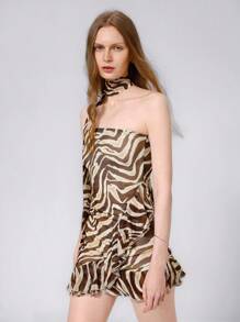 Aveloria Affinna 25 Spring/Summer New Euro-American Fashion Rejuvenating Sexy Cropped Waist-Defining Asymmetric Ruffle Hem Colorblock Tiger Print Mini Dress For Women