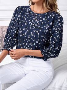 SHEIN Clasi Women's Navy Blue Casual Blouse With Abstract Print, Shirred Three-Quarter Sleeves, And Round Neckline - Navy Blue - View 3