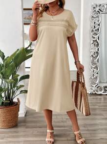 SHEIN LUNE Abito estivo minimalista oversize con scollo tondo, spalle scese, contrasto di pizzo, morbido e comodo