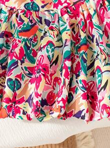Young Girls Lightweight Summer Knit Waffle Crochet Flower Decor Loose Top And Ditsy Floral Flared Skirt 2 Pieces Set