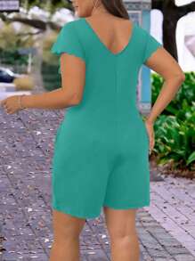 SHEIN LUNE 夏季宽松针织圆领短袖口袋连体裤 - 薄荷綠 - 查看 2