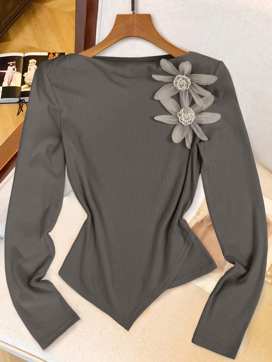 SHEIN Clasi 1pc Asymmetrical Hem 3D Patch Decor Elegant Long Sleeve T-Shirt For Spring - Dark Grey - View 1