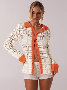 SHEIN Forever 21 Outfits/Curve Beachwear/Summer Clothes/Beach Vacation Outfits/Crochet/Color Contrast Cardigan Shirt - Multicolor - View 6