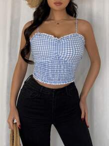 Chiquease Regata Fashionable e Versátil com Babado na Barra e Cintura Franzida, Estampa Xadrez para Mulheres, Adequada para Uso Diário - Multicolorido - Visão 1