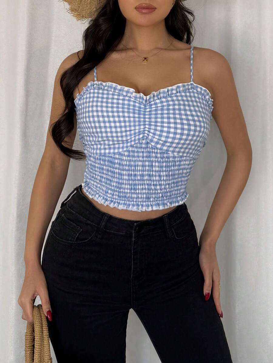 Chiquease Regata Fashionable e Versátil com Babado na Barra e Cintura Franzida, Estampa Xadrez para Mulheres, Adequada para Uso Diário - Multicolorido - Visão 1