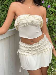 SHEIN EZwear 女士度假休闲纯色扭纹荷叶边抹胸上衣和迷你裙 2 件套 - 白色 - 查看 3