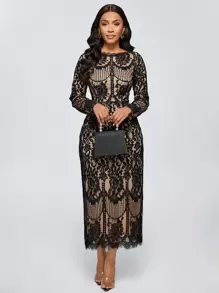 Lyxana 女士优雅拼色蕾丝连衣裙，春秋季长款女装