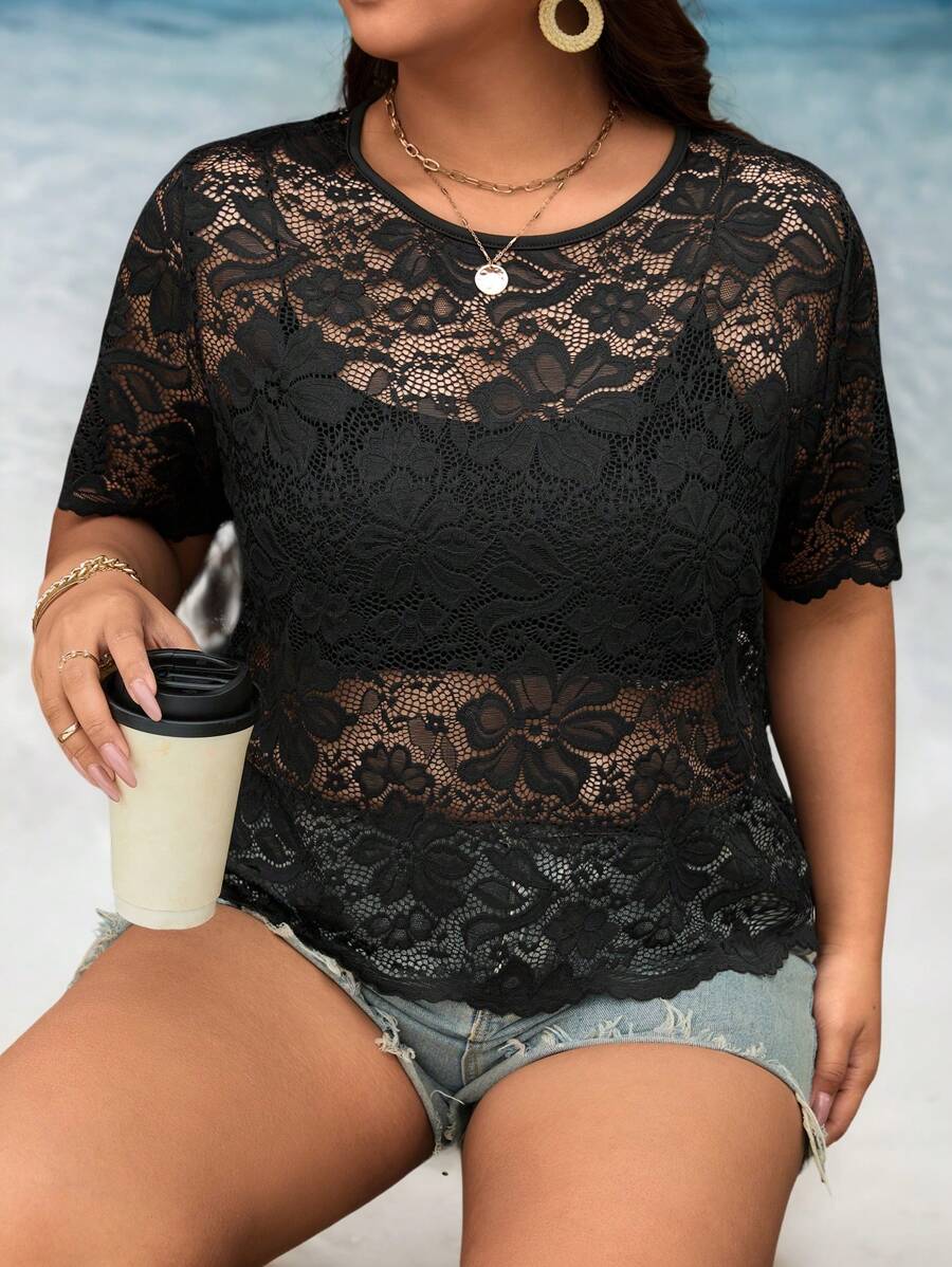 SHEIN LUNE 大码女式透明蕾丝边衬衫 - 黑色 - 查看 1