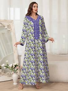 Al Najma Đầm dài họa tiết hoa thanh lịch cho nữ, ren chắp vá theo phong cách Ả Rập, kín đáo - Màu tím - Xem 3