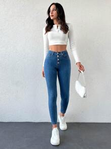 RueChic 97% Cotton Button Fly Cropped Skinny Jeans - Light Wash - View 5