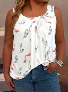 SHEIN CURVE+ Plus Size Women Feather Print Square Neck Sleeveless Top, Suitable For Summer Wear, Daily Commute And Vacation - Multicolor - View 1