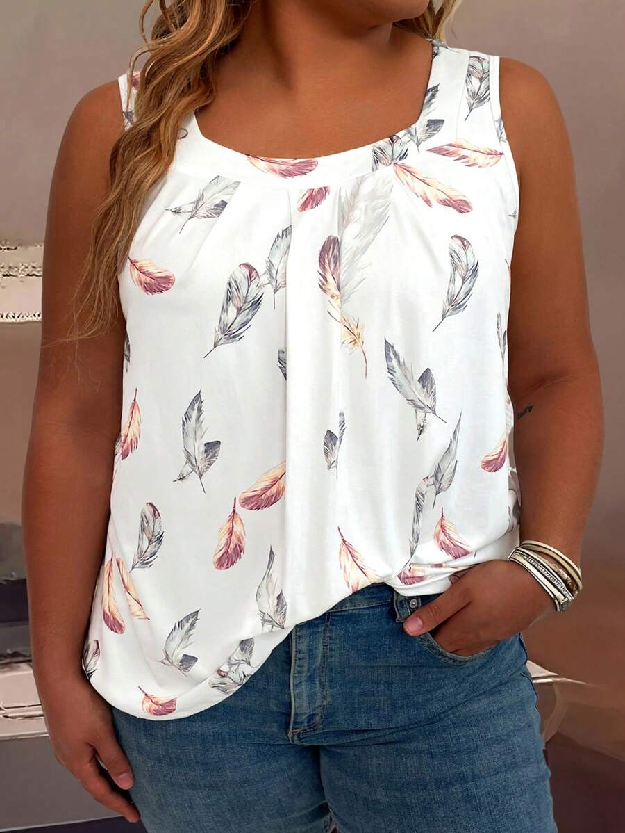 SHEIN CURVE+ Plus Size Women Feather Print Square Neck Sleeveless Top, Suitable For Summer Wear, Daily Commute And Vacation - Multicolor - View 1