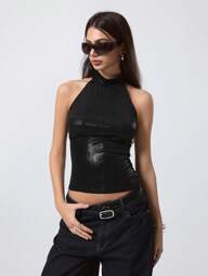 LYSMO Top de tirantes con cuello de halter de unicolor y textura de metal de moda para mujer