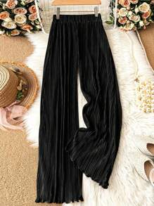 SHEIN PETITE 女式休闲卡其色褶皱松紧腰阔腿裤，春夏 - 黑色 - 查看 2