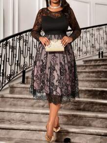 Fleurora Autumn And Winter Elegant Party Work Office Black Knitted Lace Textured Round Neck Flared Midi Long Sleeve Plus Size Dresses - Pink - View 5